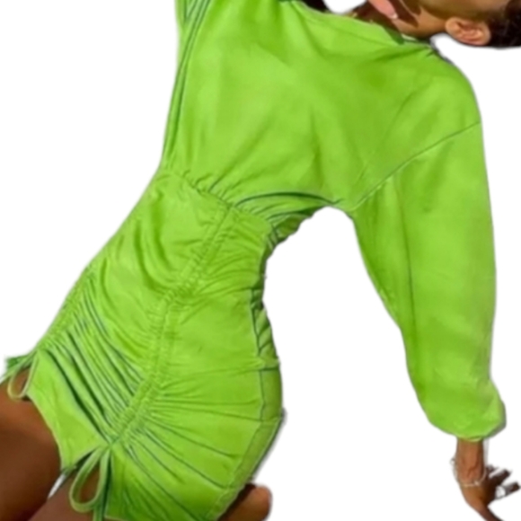 OPEN SHOULDER RUNCHED Y2K LIME GREEN CLUB MINI DRESS - Picture 3 of 4